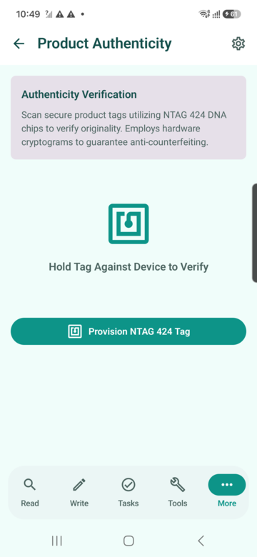 Product authenticity screen preview for NFCMagic