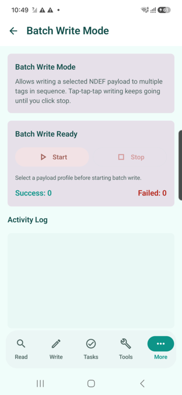 Batch write mode screen preview for NFCMagic
