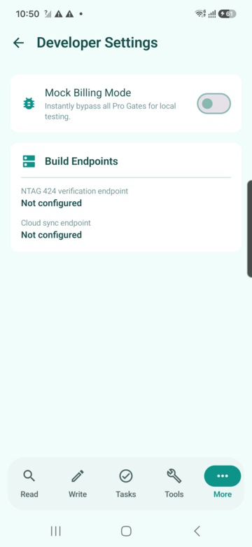 Developer settings screen preview for NFCMagic