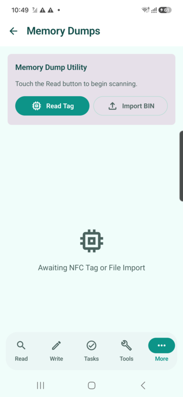 Memory dumps screen preview for NFCMagic