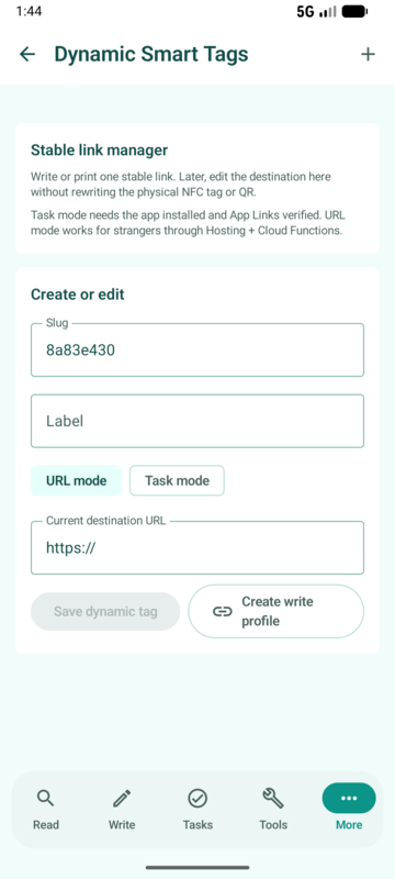 NFCMagic Dynamic Smart Tags screen generating one managed link for QR and NFC