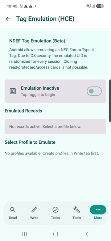 Tag emulation (HCE) screen preview for NFCMagic