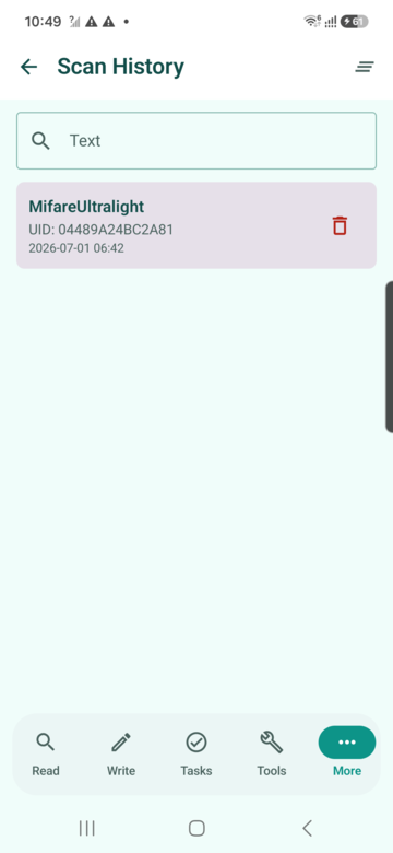 NFCMagic local history screen for reviewing previously scanned NFC and QR content