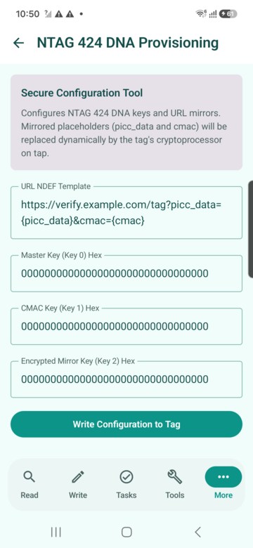 NTAG 424 DNA provisioning screen preview for NFCMagic