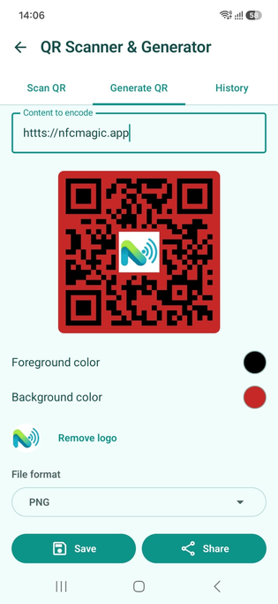 NFCMagic QR Scanner and Generator screen with Scan, Generate and History tabs