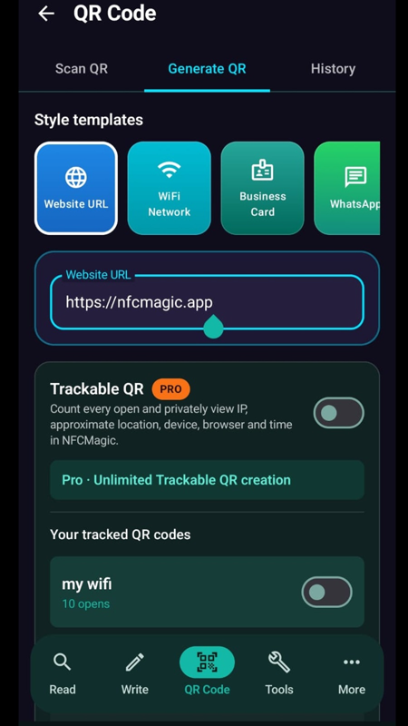 NFCMagic Trackable QR setting and list of tracked QR codes with open counts