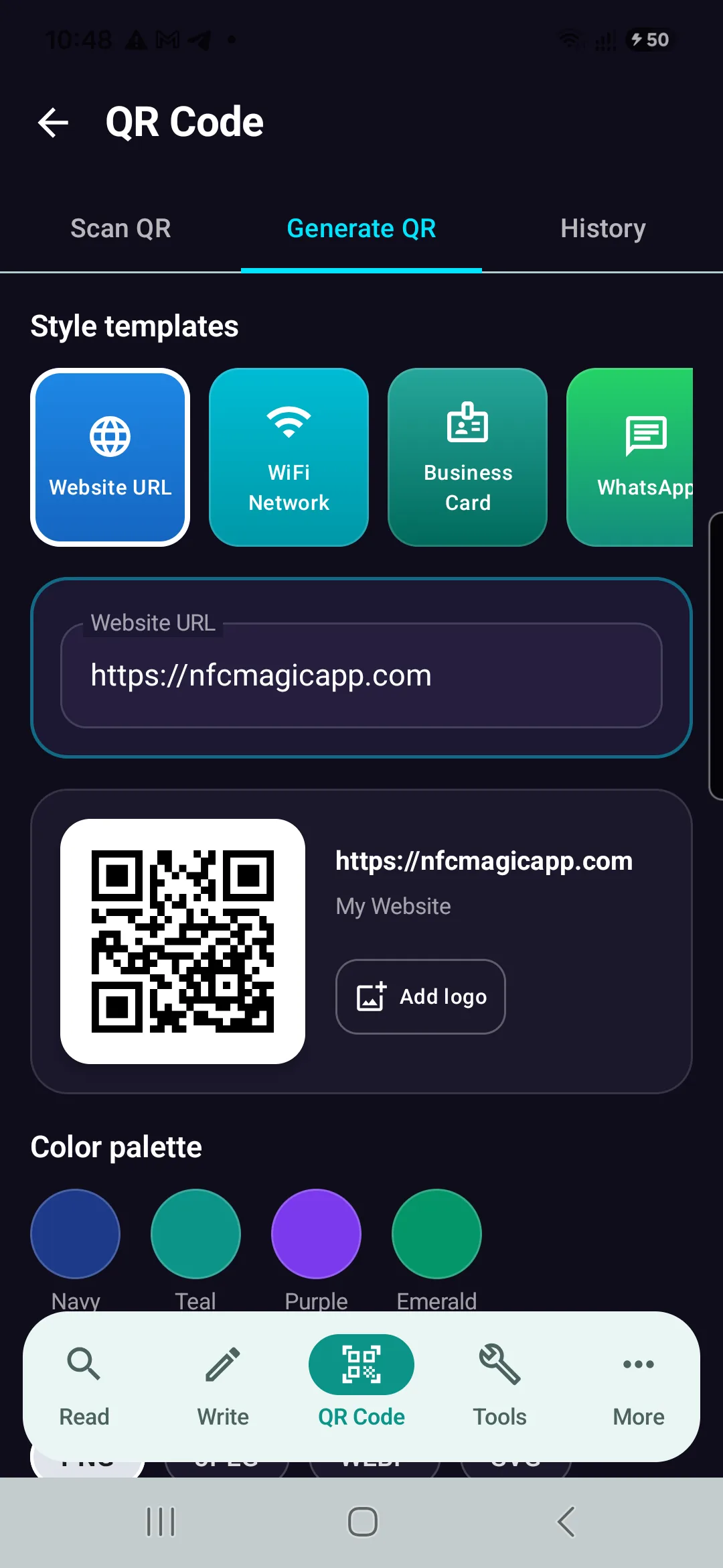 NFCMagic QR Code Generator interface on Android