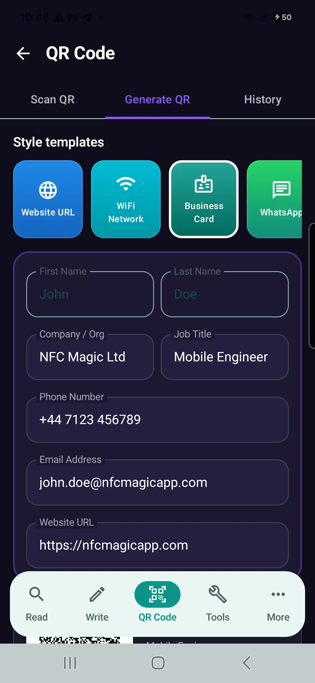 NFCMagic vCard 3.0 Digital Business Card QR Generator screen