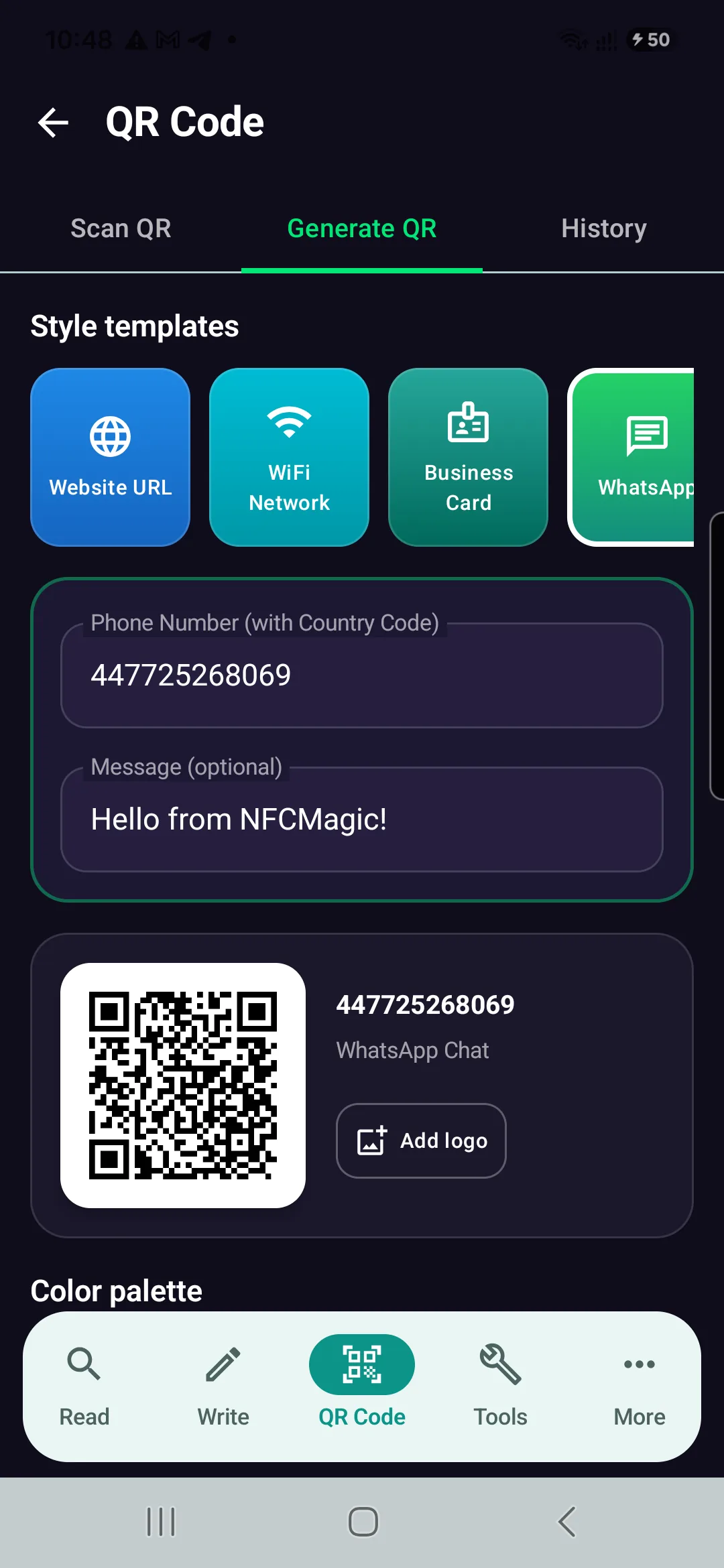 NFCMagic WhatsApp Direct Chat QR Generator screen