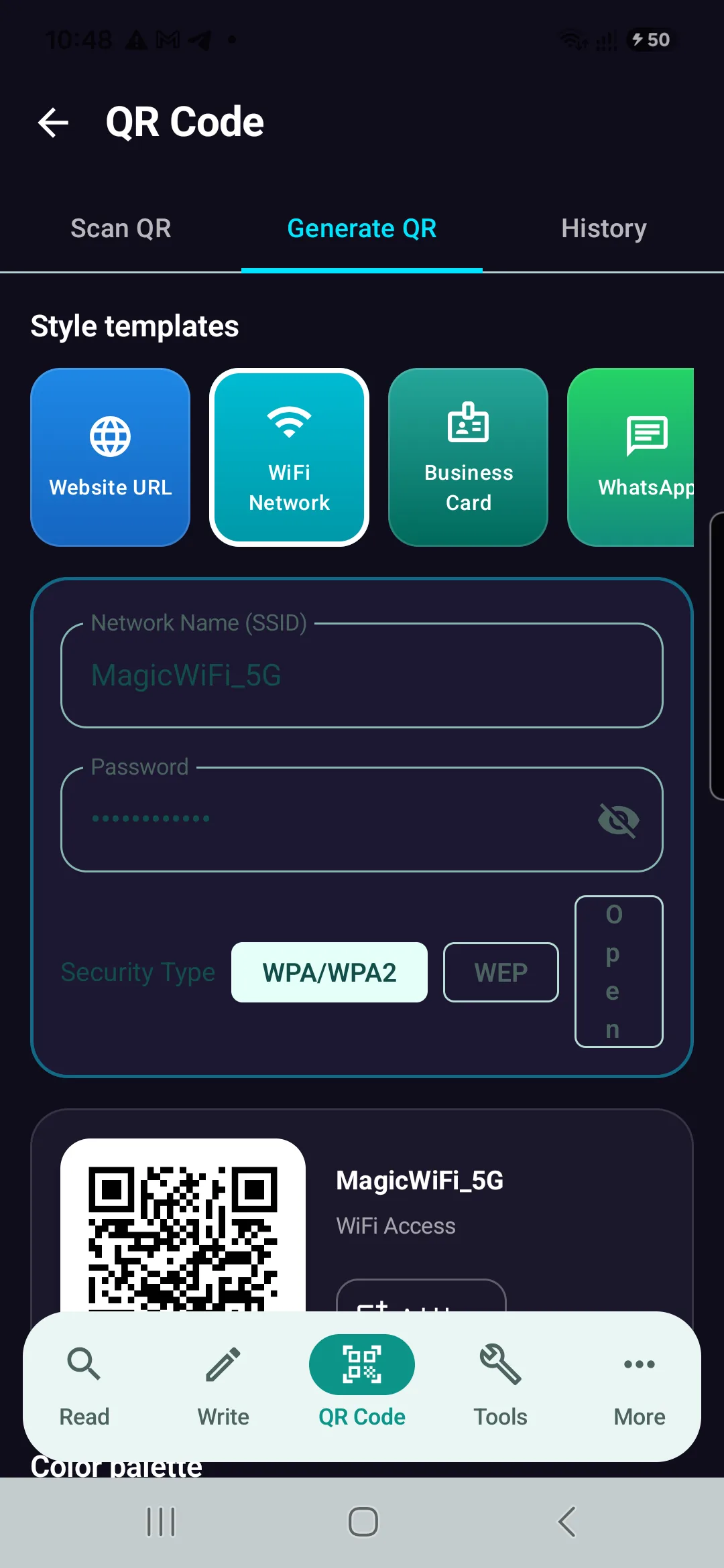 NFCMagic WiFi QR Code Generator screen showing SSID MagicWiFi_5G, WPA security and live QR preview